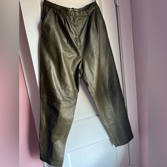 Lord & Taylor Vintage Olive Green 100% Leather Pants - Picture 2 of 5